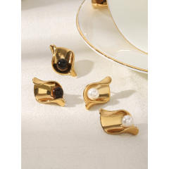 Vintage geometric fold pattern tiger eye stone stainless steel earrings
