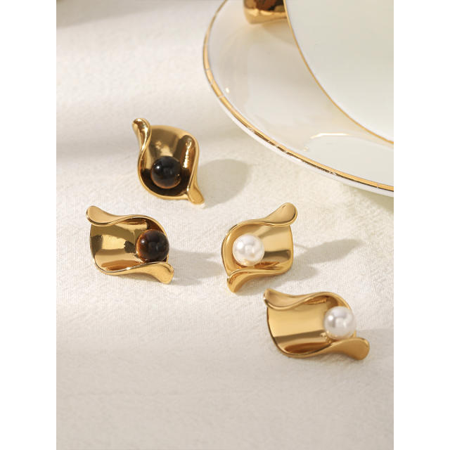 Vintage geometric fold pattern tiger eye stone stainless steel earrings