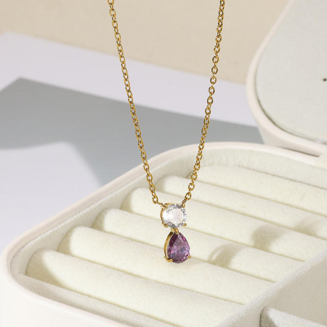 Dainty birth stone drop pendant stainless steel necklace
