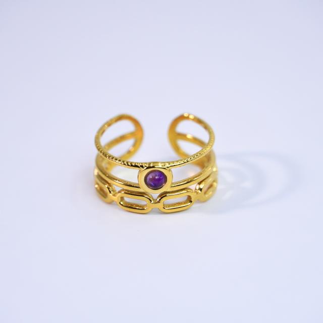 14KG natural stone inlaid simple hollow stainless steel rings