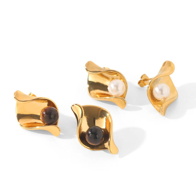 Vintage geometric fold pattern tiger eye stone stainless steel earrings
