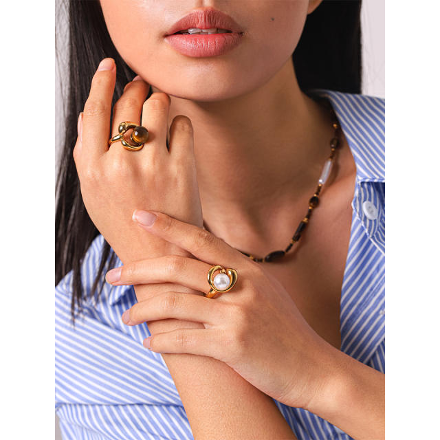 French trend tiger eye stone pearl bead inlaid stainless steel rings
