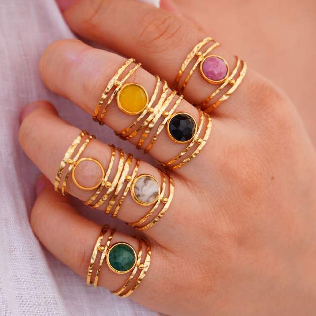 Hot sale vintage natural stone inlaid hollow out stainless steel rings