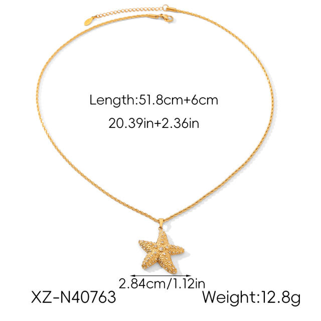 18KG diamond inlaid starfish stainless steel necklace earrings set
