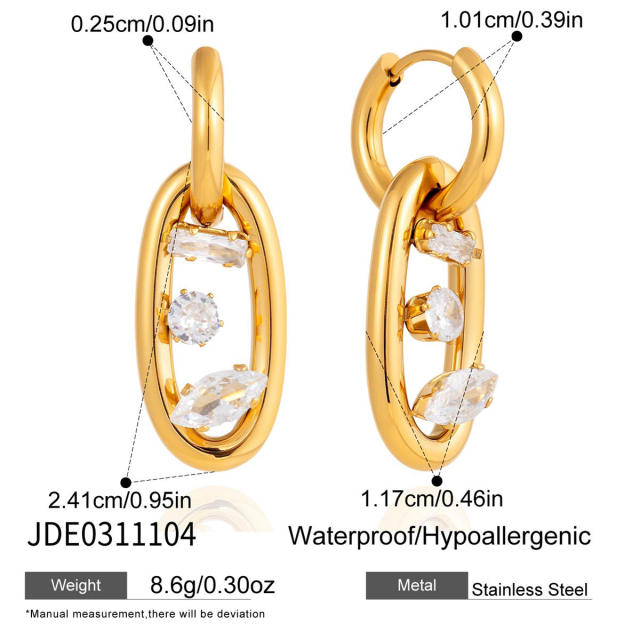 18KG geometric cubic zircon inlaid stainless steel earrings