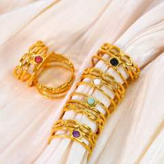 14KG natural stone inlaid simple hollow stainless steel rings