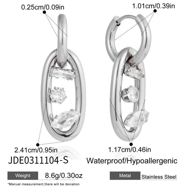 18KG geometric cubic zircon inlaid stainless steel earrings