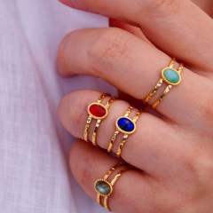 Vintage oval natural stone inlaid two layer stainless steel rings