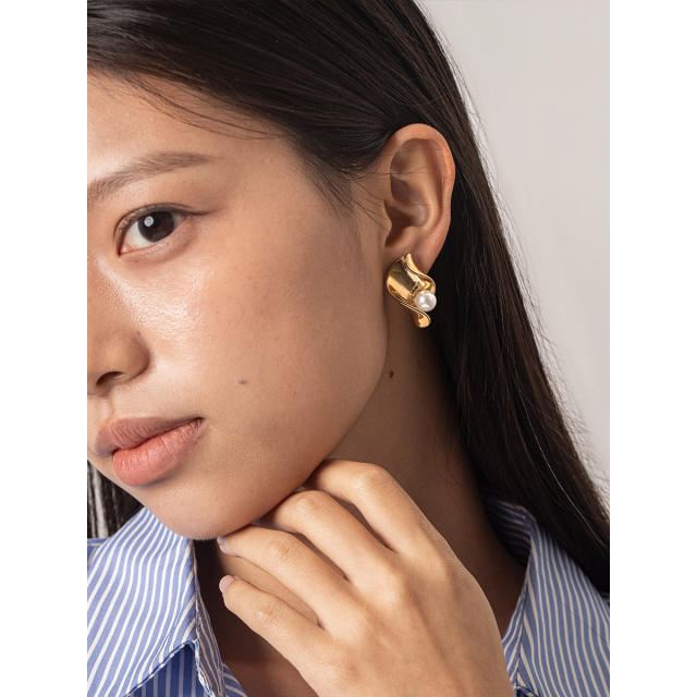 Vintage geometric fold pattern tiger eye stone stainless steel earrings