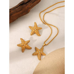 18KG diamond inlaid starfish stainless steel necklace earrings set