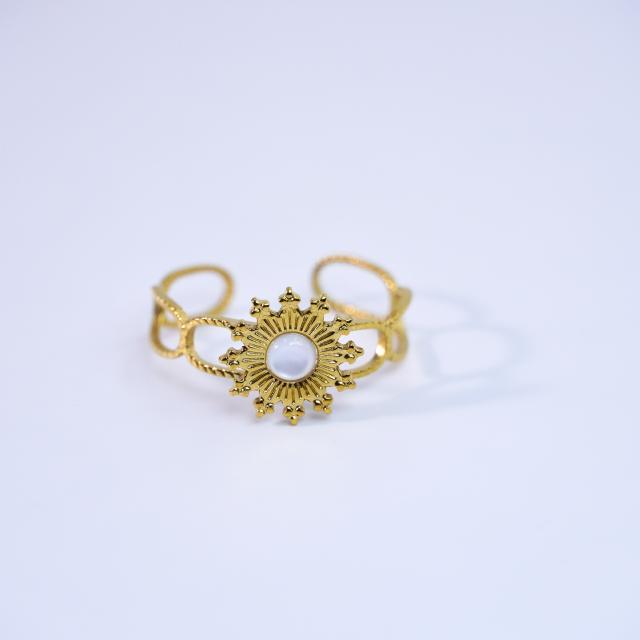 Colorful natural stone inlaid sunflower stainless steel rings for women