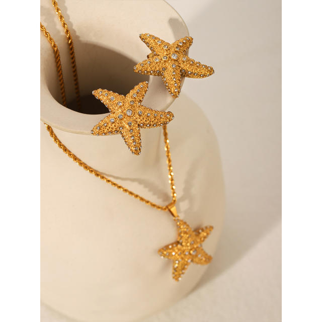 18KG diamond inlaid starfish stainless steel necklace earrings set