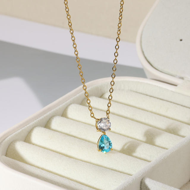 Dainty birth stone drop pendant stainless steel necklace