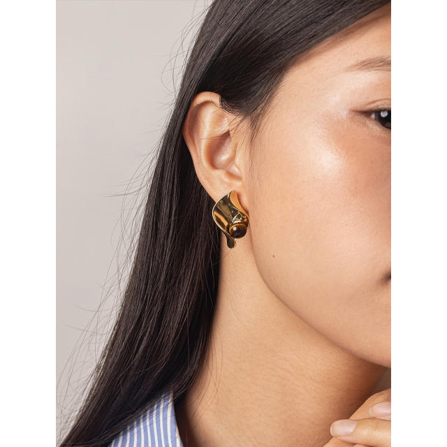 Vintage geometric fold pattern tiger eye stone stainless steel earrings