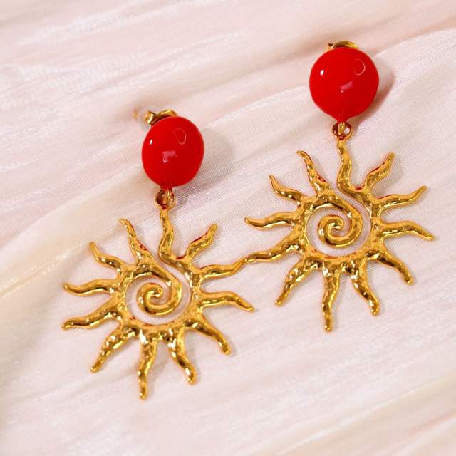 Holiday trend red enamel bead stainless steel sunshine dangle earrings stainless steel earrings