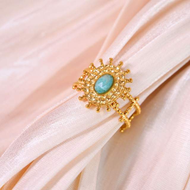 Retro Bohemian Sunflower Colorful Natural Stone Opening Ring Stainless Steel rings
