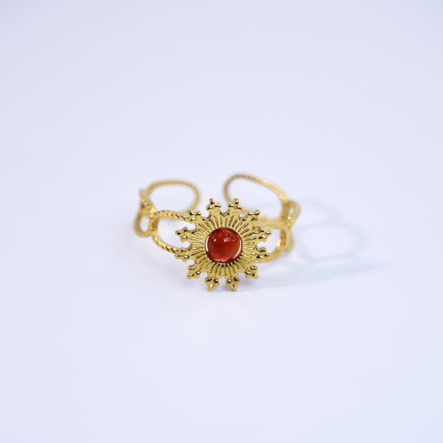 Colorful natural stone inlaid sunflower stainless steel rings for women