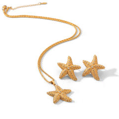 18KG diamond inlaid starfish stainless steel necklace earrings set