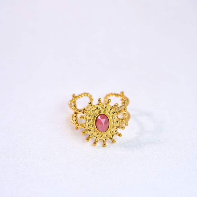 Retro Bohemian Sunflower Colorful Natural Stone Opening Ring Stainless Steel rings