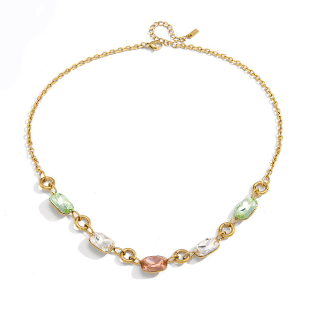 Colorful glass crystal statement stainless steel necklace