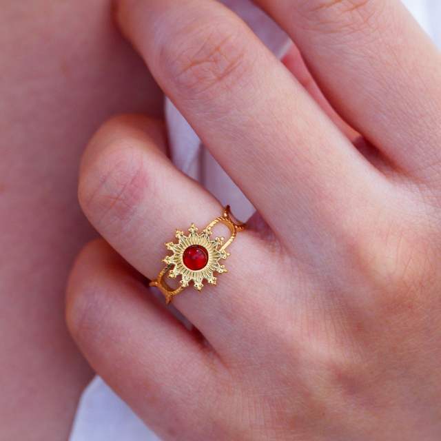 Colorful natural stone inlaid sunflower stainless steel rings for women