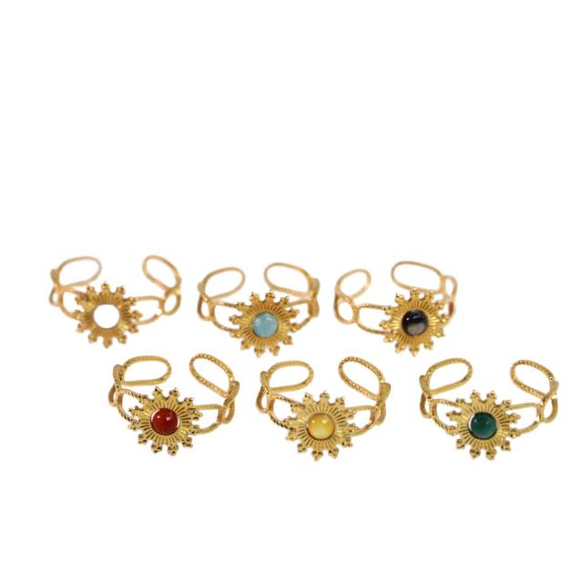Colorful natural stone inlaid sunflower stainless steel rings for women