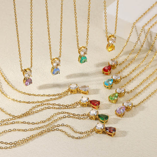 Dainty birth stone drop pendant stainless steel necklace