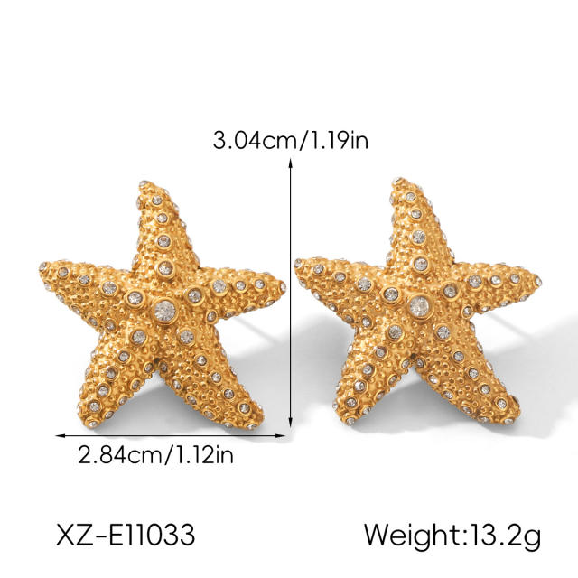 18KG diamond inlaid starfish stainless steel necklace earrings set