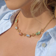 Colorful glass crystal statement stainless steel necklace