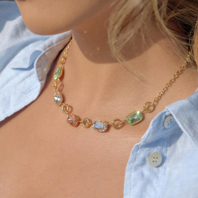 Colorful glass crystal statement stainless steel necklace