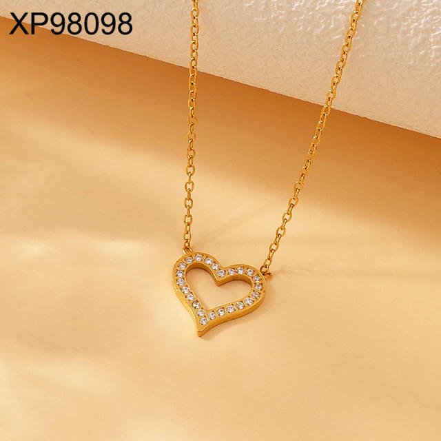 Dainty diamond heart pendant stainless steel necklace