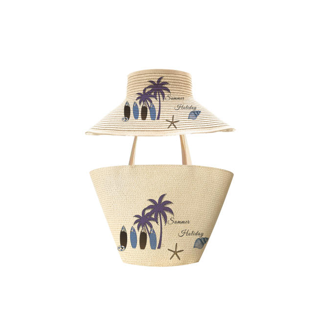 Outdoor Sun Protection Women's Beach Bag Casual Travel Surfboard Straw Woven Bag Hat Set Printed Woven Bag
