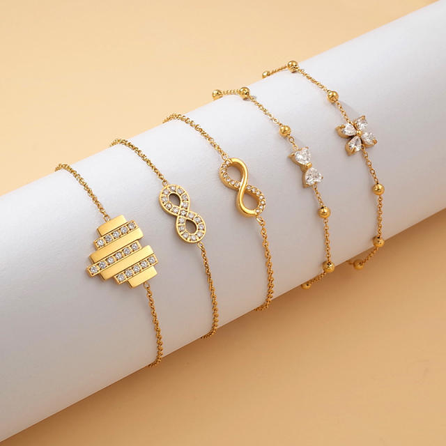 Dainty inlude rhinestone heart bow infinity stainless steel bracelet