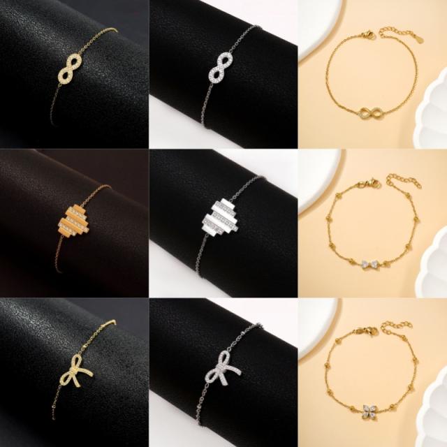 Dainty inlude rhinestone heart bow infinity stainless steel bracelet