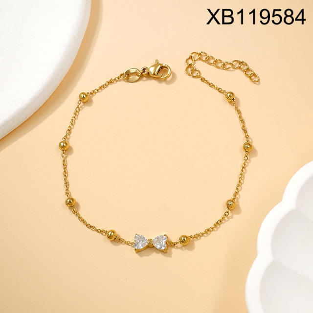 Dainty inlude rhinestone heart bow infinity stainless steel bracelet
