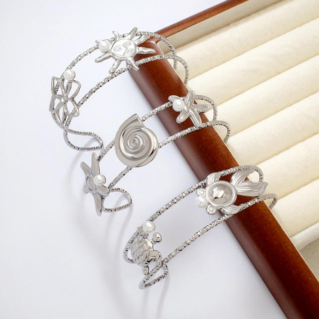Titanium Steel Starfish Conch Sun Opening Women's Bracelet Ocean Style stainless steel bangle