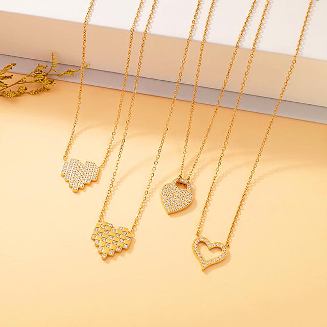 Dainty diamond heart pendant stainless steel necklace