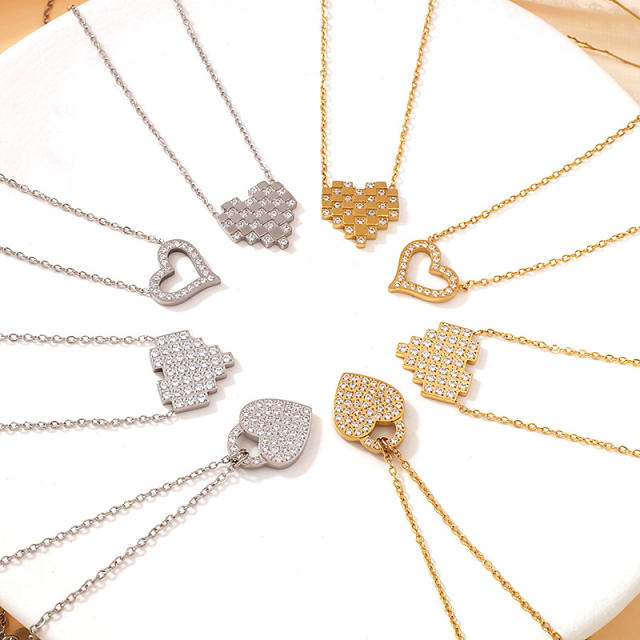 Dainty diamond heart pendant stainless steel necklace