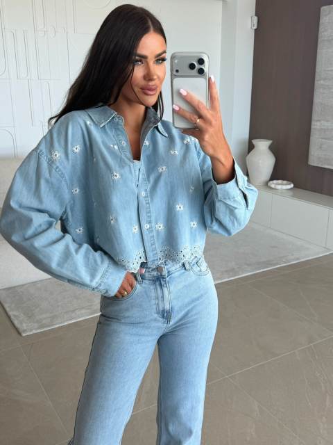 Spring Loose Embroidered Retro Casual Long-Sleeved Denim Shirt
