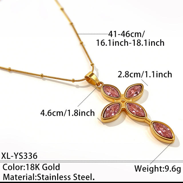 Delicate colorful rhinestone cross pendant stainless steel necklace