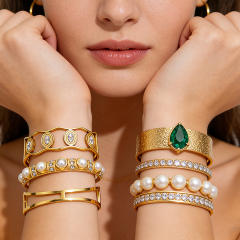 Elegant unique design hollow out pearl diamond inlaid stainless steel bangle bracelet