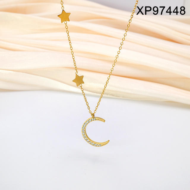 Dainty diamond moon pendant stainless steel necklace