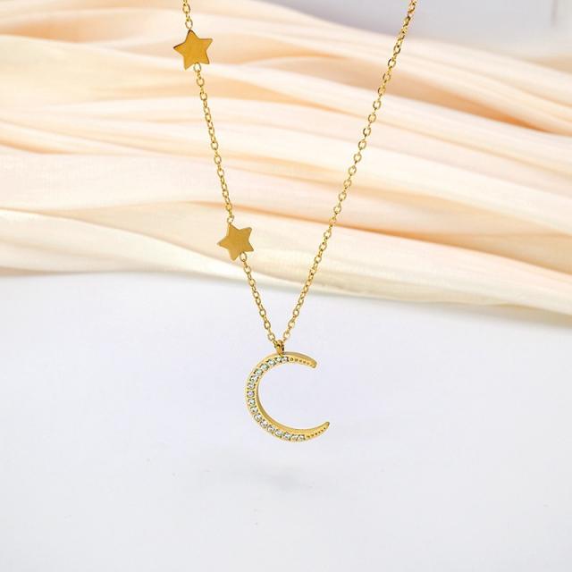 Dainty diamond moon pendant stainless steel necklace