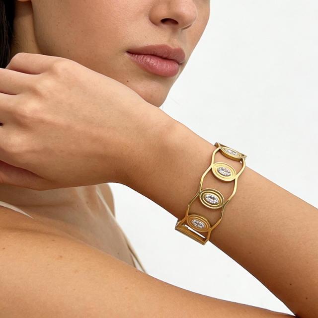 Elegant unique design hollow out pearl diamond inlaid stainless steel bangle bracelet