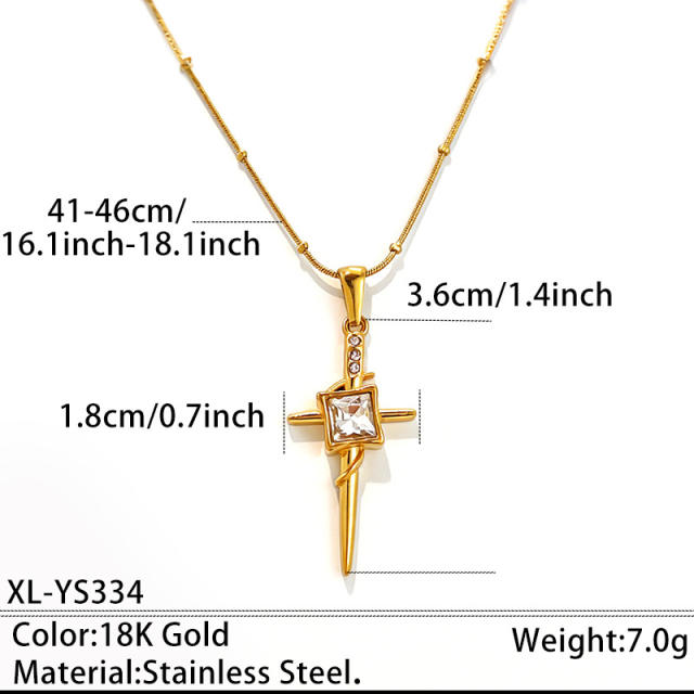 Delicate colorful rhinestone cross pendant stainless steel necklace