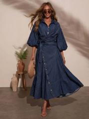 Spring elegant demin Lantern Long-Sleeved Dress