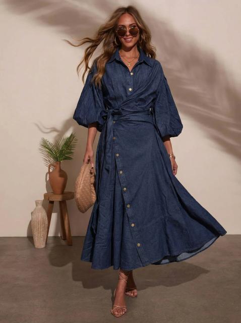 Spring elegant demin Lantern Long-Sleeved Dress