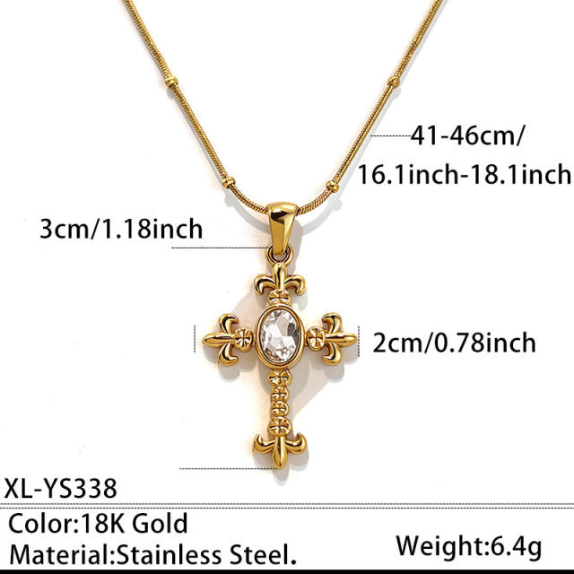 Delicate colorful rhinestone cross pendant stainless steel necklace