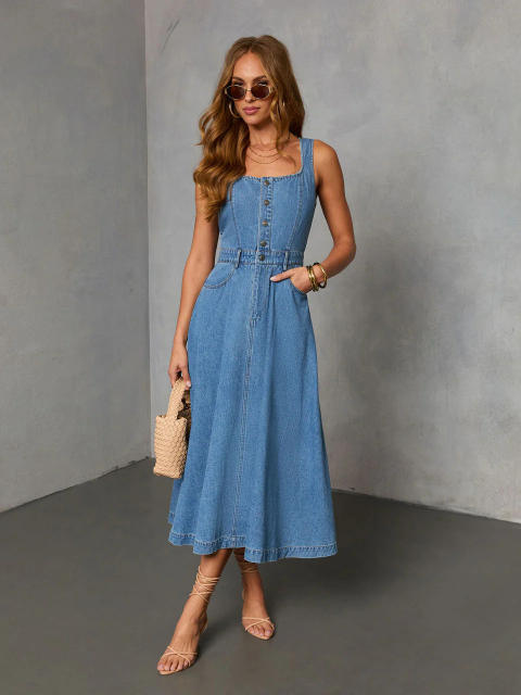 Spring summer new design light blue denim dress long dress holiday dress