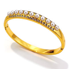 Elegant unique design hollow out pearl diamond inlaid stainless steel bangle bracelet